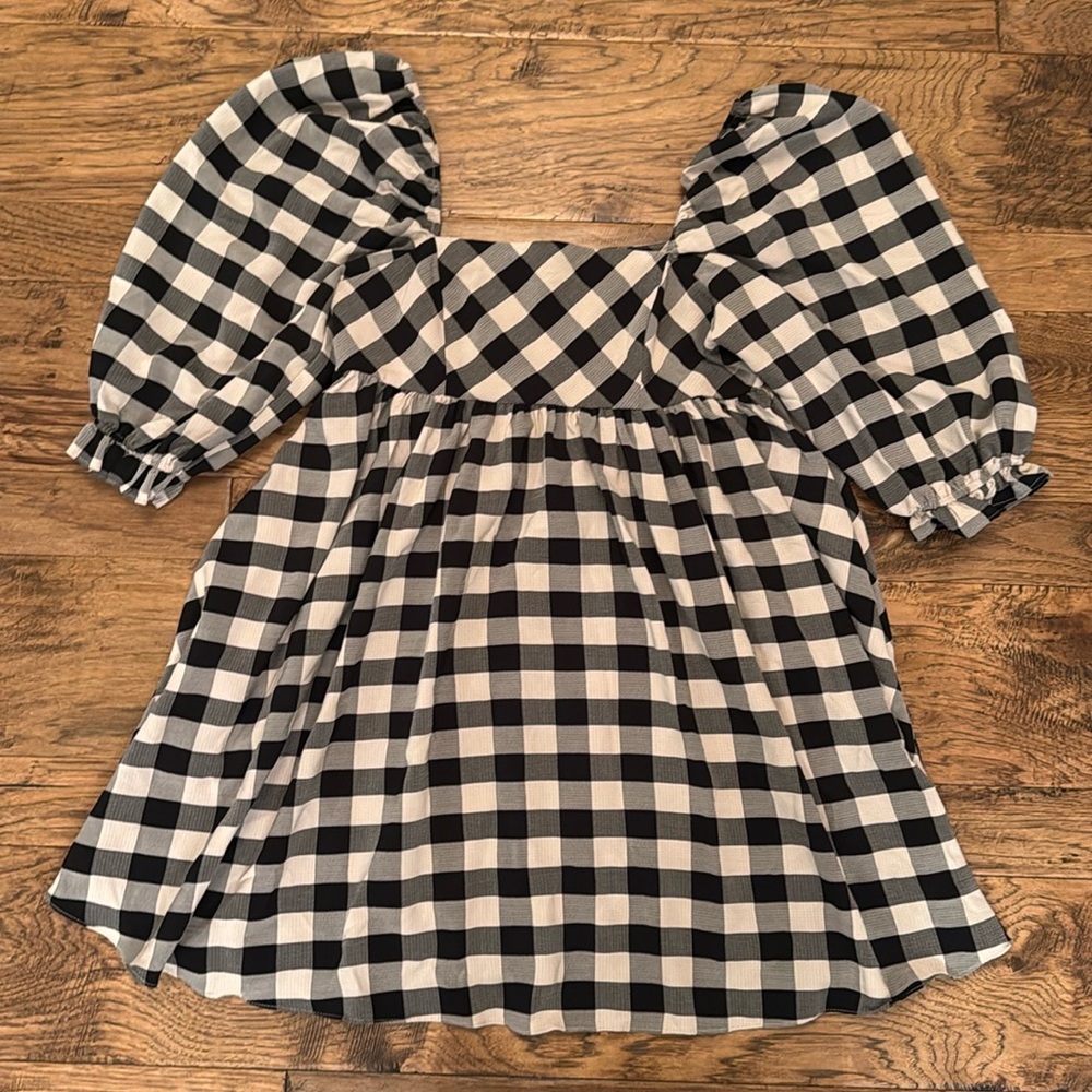 Storia Gingham Babydoll Dress Plaid Mini Black & White Square Neck size L